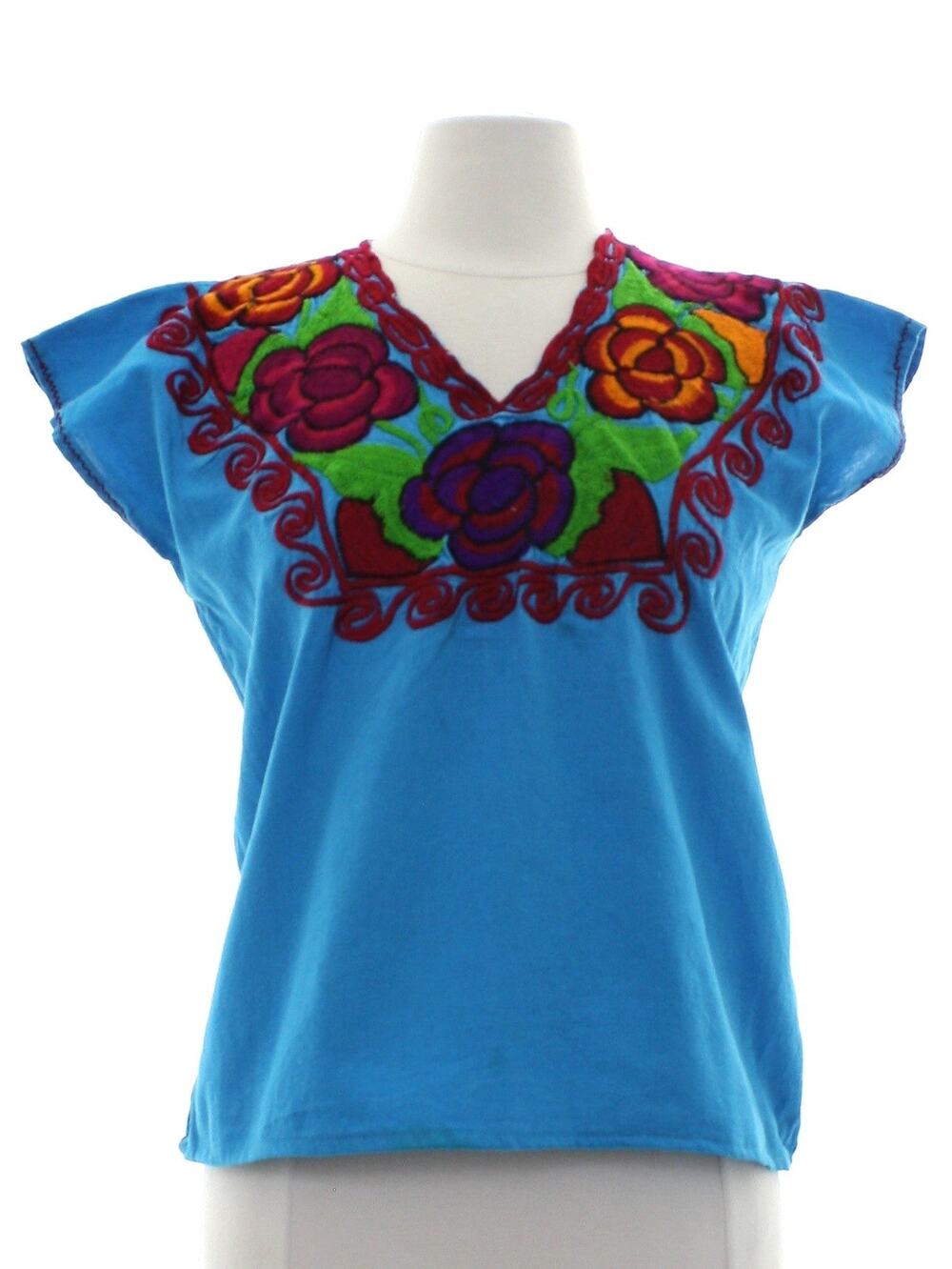 Vintage 70s Huipil Embroidered Turquoise Blouse Women's Medium Floral Folk Top